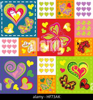 Romantische nahtlose Muster im Patchwork-Stil. Vektor Hand Barrefly und Herzen Zeichnungssatz. Cartoon-Muster für nette Wallpaper Stock Vektor