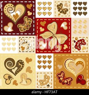 Nahtlose Hintergrund mit Schmetterlingen Herzen im Patchwork-Stil. Vektor-illustration Stock Vektor