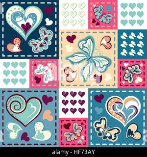 Nahtlose Hintergrund mit Schmetterlingen Herzen im Patchwork-Stil. Vektor-illustration Stock Vektor