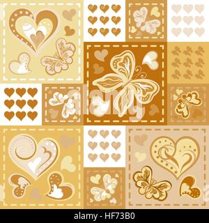 Romantische nahtlose Muster im Patchwork-Stil. Vektor Hand Barrefly und Herzen Zeichnungssatz. Cartoon-Muster für nette Wallpaper Stock Vektor