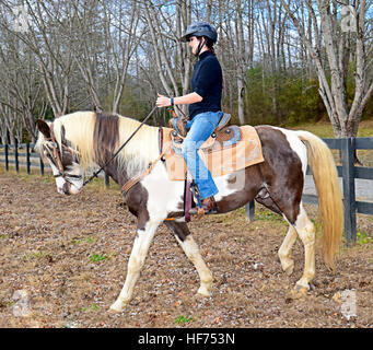 Schöne Teenager-Mädchen auf ihr Pferd auf der Weide immer ihn bereit, die Trails fahren. Stockfoto