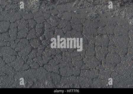 Frostschäden auf der Straße/Alligatorrisse auf der Asphaltoberfläche der Landstraße in Cornwall, Großbritannien. Für das Konzept der Straßeninstandhaltung, alte Asphaltfläche Stockfoto