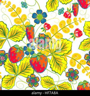 Ausgezeichnete nahtloses Muster mit Handzeichnung orange rote Erdbeere, blauen Blüten und gelbe Blätter auf weißem Hintergrund Stock Vektor
