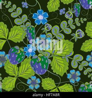 Nahtloses Muster mit Erdbeere zu wiederholen. Abstrakte Eleganz nahtlose Natur Muster, Vektor-Illustration in grünen Blauton. Stock Vektor