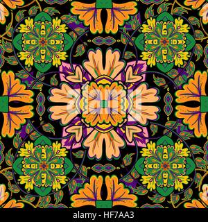 Vektor helles Muster. Ost-Ornament mit bunten orange grün gelb lila Details auf dem türkisfarbenen Hintergrund. Vorlage für jeden Untergrund. Elegante Kulisse mit orientalischen Ornamenten von Mandalas. Stock Vektor