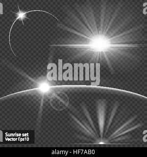 4 Effekte für die starke Leuchtkraft (Ausstrahlung) von der Sonne oder anderen starken Lichtquelle ausgeht. Lager Vektorgrafik. Sonnenschein, Dawn, Halo, Sonnenaufgang aus dem Weltraum Stock Vektor