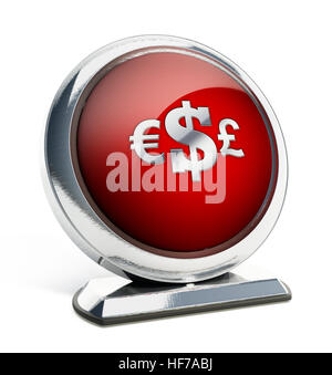 Glänzend rote Taste mit Euro, Dollar und Pfund Symbole. 3D Illustration. Stockfoto