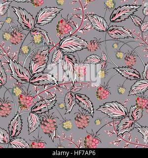 Farbige Himbeeren Musterdesign. Nahtloses Muster mit farbigen Hand zeichnen grafische Himbeeren in rosa Grauton. Vektor-Illustration. Stock Vektor