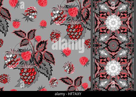 Satz von nahtlosen Hintergrund mit roten grauen Himbeere, Blätter auf grauen Hintergrund und Rahmen (Band, Band, Band, Streifen). Vektor-Illustration. Stock Vektor