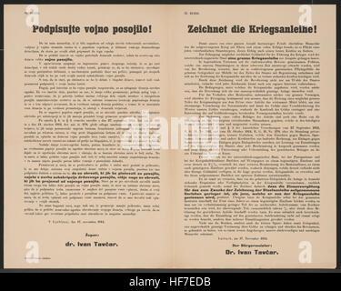Patriotischer Aufruf zur Unterzeichnung des Kriegskredits - Anreiz: Der Zinssatz für das Darlehen, das zur Zeichnung der Staatsanleihe aufgenommen wurde, ist niedriger als der Zinssatz, der aus dem Kriegskredit gewonnen wurde - Ljubljana, 17. November 1914 - Bürgermeister Dr. Ivan Tav?AR unterzeichnet den Kriegskredit! - Ljubljana - mehrsprachiges Poster 1914. Weltkrieg Stockfoto