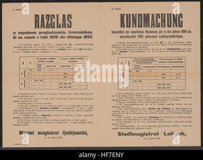 Neuerliche Musterung der Landsturmpflichtigen der Jahrgänge 1892 Bis 1898 - Auflistung der Termine der Einzelnen Jahrgänge Für Fremde Und Einheimische Heimatberechtigten - Rechtzeitiges, Reinliches Und Nüchternes Erscheinen - Stadtmagistrat Laibach, 11 Uhr. Jänner 1917 - Zl. 35/Mob. Musterung - Kundmachung - Laibach - Mehrsprachiges Plakat 1917 Stockfoto