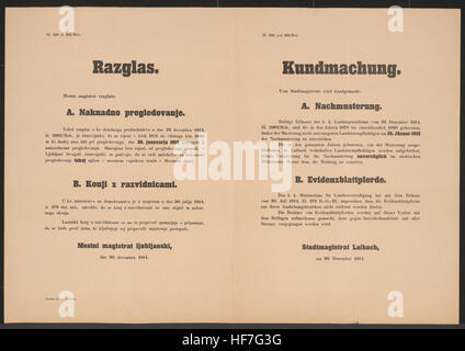 Dieses mehrsprachige Plakat, das vom Stadtmagistrat Laibach im Dezember 1914 herausgegeben wurde, informiert über die Wehrpflicht von Männern, die zwischen 1878 und 1890 zum Wehrdienst geboren wurden. Es wird auch erwähnt, dass Zugpferde während des Ersten Weltkriegs in ihren Rekrutierungsbezirken bleiben müssen. Das Poster ist Teil der Europeana-Sammlungen aus der Zeit von 1914-1918 und gibt historische Einblicke in die Mobilisierung während des Krieges. Stockfoto