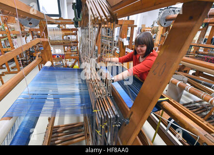 Melanie Schulz, Student der textilen Künste an der Burg Giebichenstein Hochschule für Kunst und Design Halle, entwirft ein Flachgewebe auf einem Webstuhl in der Werkstatt von der Textilherstellung in Halle/Saale, Deutschland, 24. November 2016. Heute ist die traditionelle Textilherstellung, die wodurch Gobelins und Teppichen in der DDR, ein Bildungs- und Forschungsstandort für die Bereiche Malerei und Textilkunst sowie Textil-Design zu studieren, und als solche ist einmalig in Deutschland. Neben Bildung, die Anlage hat auch zwei finanziellen Säulen: Textil-Restaurierung, wie z. B. großen Webereien sowie Stockfoto