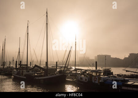 London, UK 28. Dezember 2016. Ein nebeliger Morgen am Hermitage Liegeplätze am Fluss macht Themse für magische Licht hinter den festgemachten Booten. © Patricia Phillips / Alamy Live News Stockfoto