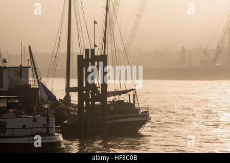 London, UK 28. Dezember 2016. Ein nebeliger Morgen am Hermitage Liegeplätze am Fluss macht Themse für magische Licht hinter den festgemachten Booten. © Patricia Phillips / Alamy Live News Stockfoto