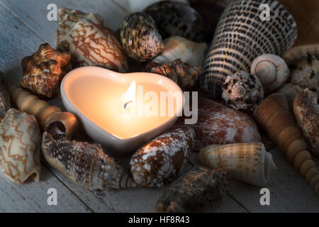 Friedliche herzförmige Kerze umgeben von Muscheln. Stockfoto