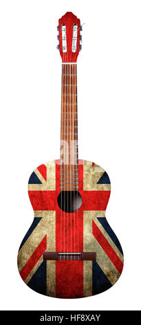 Musikinstrument - Akustikgitarre mit dem Bild einer Flagge von Großbritannien auf einem weißen Hintergrund Stockfoto