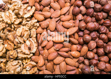 Geschälte Mandeln, Haselnüsse und Walnüsse Kernel Hintergrund oder Textur Stockfoto