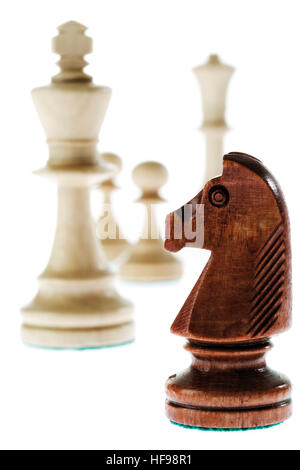 Schachfiguren - Ritter, Königin, König, Bauern Stockfoto