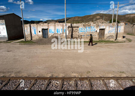 Peruanischen Altiplano Landschaft im Orient-Express verläuft zwischen Cuzco und Puno Andean Explorer Zug aus gesehen. Altiplano ist ein Hochplateau Stockfoto