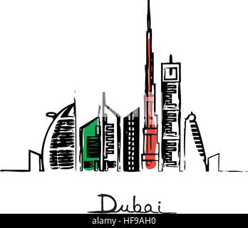 Dubai Stadt mit Wolkenkratzern und Wahrzeichen Flagge Farben Vektor-illustration Stock Vektor