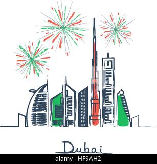 Dubai Stadt mit Wolkenkratzern und Sehenswürdigkeiten und Feuerwerk in den Himmel-Vektor-illustration Stock Vektor