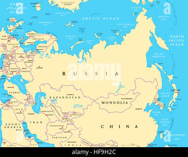 Eurasia politische Karte mit Hauptstädten und nationale Grenzen hinweg. Kombinierte Teile der kontinentalen Landmasse Europas und Asiens. Stockfoto