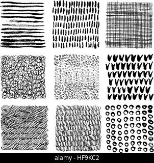 Satz von handgezeichneten nahtlose Texturen mit Kritzeleien, Flecken, Striche, Linien, Kreise auf weißem Hintergrund. Monochrom. Vektor-Illustration für Tapete, Grußkarte, Geschenkpapier, Textil. Stock Vektor
