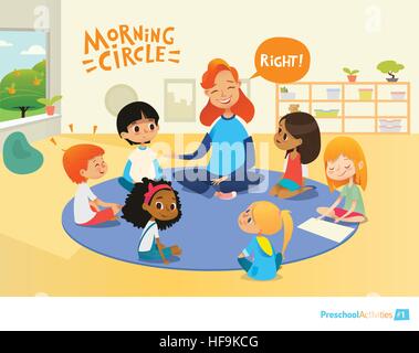 Lehrer stellt Kinder Fragen und ermutigen, während morgen Lektion in Vorschule Klassenzimmer. Stuhlkreis. Vorschule Bildungskonzept. Vektor-Illustration für Poster, Werbung Stock Vektor