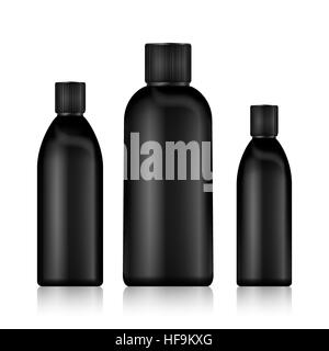 Kosmetik-Flaschen. Realistische schwarze Flasche für ätherische Öle und Rohr oder Container für Creme, Salbe, Lotion. Mock einrichten. Kosmetischen Vial, Kolben, Dropp Stock Vektor