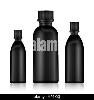 Kosmetik-Flaschen. Realistische schwarze Flasche für ätherische Öle und Rohr oder Container für Creme, Salbe, Lotion. Mock einrichten. Kosmetischen Vial, Kolben, Dropp Stock Vektor