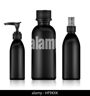 Kosmetik-Flaschen. Realistische schwarze Flasche für ätherische Öle und Rohr oder Container für Creme, Salbe, Lotion. Mock einrichten. Kosmetischen Vial, Kolben, Dropp Stock Vektor