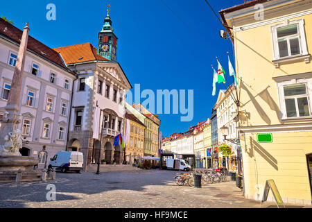 Ljubljana zentralen quadratischen Rathaus und alte Architektur zu sehen, Hauptstadt Sloweniens Stockfoto