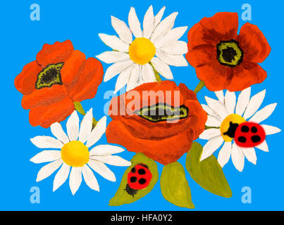 Rote Mohnblumen und Kamillen Ochsen-Auge Gänseblümchen auf blauem Hintergrund, Öl-Malerei. Stockfoto
