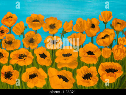 Viele Orangen Mohnblumen auf blauem Himmel, Öl-Malerei. Stockfoto
