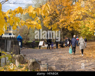 Gelb, dominiert von den Ufern des Flusses Akerselva auf ein Herbst Sonntag, eine beliebte Outdoor-Promenade in Oslo Norwegen Stockfoto