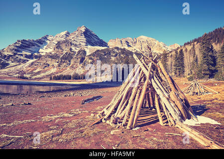 Vintage getönten Campingplatz am Maroon Bells, Aspen in Colorado, USA. Stockfoto