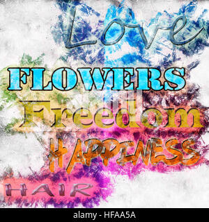 Liebe, Blumen, Freiheit, Glück Hippie Zitat aus Haar Stockfoto