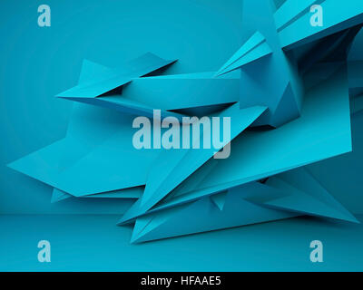 Abstrakt blau innen Hintergrund, chaotischen polygonalen Dekoration in der Nähe der Wand, 3d Render-illustration Stockfoto