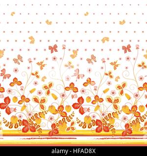 Nahtlose Frühjahr Weiße Blumenmuster mit orange Erdbeeren und Blumen und gelben Schmetterlingen Stock Vektor