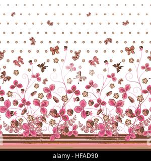 Vertikale nahtlose rosa braun Blumenmuster mit Erdbeeren, Blumen und transluzente Schmetterlinge Stock Vektor