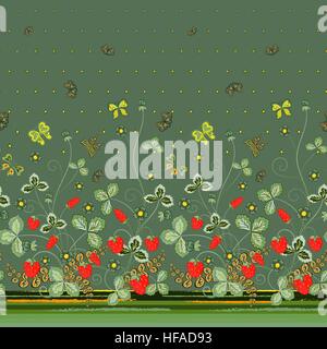 Vertikale nahtlose Frühling dunklen Blumenmuster mit roten Erdbeeren, dunkle Grüne Blumen und grüne Schmetterlinge Stock Vektor