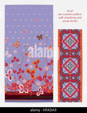 Reihe von vertikalen nahtlose Frühling violett Blumenmuster mit roten Erdbeeren, Schmetterlinge und Blumen auch verzierten Rahmen (Band Band Band-Einfassung) Stock Vektor