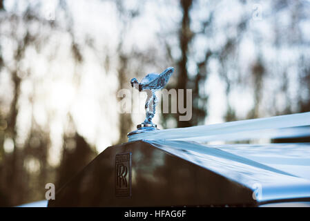 Rolls-Royce Silver Cloud Spirit of Ecstacy-Auto-Maskottchen im Winter, Nahaufnahme Stockfoto