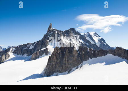 Panorama der Westalpen mit Rübezahls Zahn (Dent du Geant) von Helbronner Dach Europas in der Region Aostatal, Italien Stockfoto