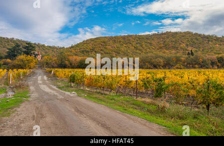 Berglandschaft mit Erde Weg zum abgelegenen Siedlung in der Nähe Aluschta Stadt im Herbst-Saison, Halbinsel Krim Stockfoto