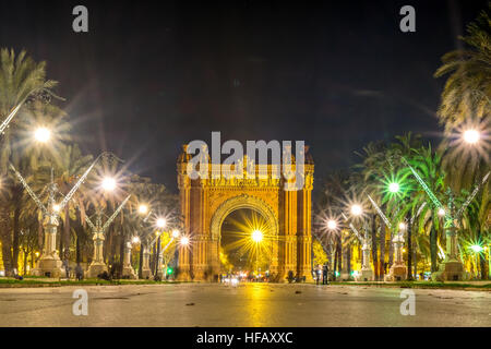 Arc de Triomf Barcelona Spanien Nachtlichter funkeln Sparkle Traum. Stockfoto