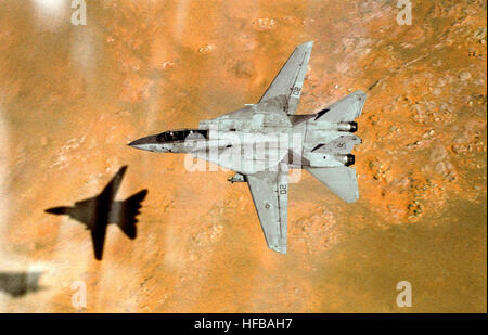 Seinen Schatten voraus, übergeht ein Fighter Squadron 41 (VF-41) F-14A Tomcat Flugzeuge westlichen Saudi-Arabien während niedrig-Höhentraining.  VF-41 ist an Bord der nuklear angetriebene Flugzeugträger USS THEODORE ROOSEVELT (CVN-71) in Angriff genommen. F-14A VF-41 in der saudischen Wüste 1991 Stockfoto