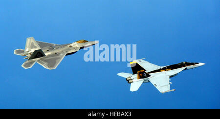 Eine F-22A Raptor eingesetzt zur Kadena Air Base, Japan, trainiert mit einem US Navy F/A-18 Super Hornet am 26 April, in der Nähe von Okinawa, Japan. Die Raptors, bereitgestellt von der 27. Jagdstaffel Langley Air Force Base, VA., Kadena im Februar. Die Super Hornets, der Marine neueste frontline trägergestützte Jäger, sind am Naval Air Facility Atsugi, Japan stationiert. Die Übungen konzentrierte sich auf die nächste Generation Kämpfer Fähigkeiten zwischen den beiden Flugzeugen. (US Navy Foto/Christopher Hurst) F-18 und f-22-070426-N-5872 H-020 Stockfoto