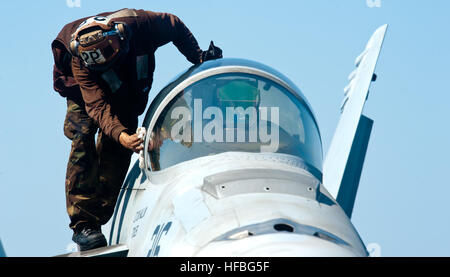 Arabisches Meer (25. Oktober 2012) A Sailor wischt sich die Überdachung von einer F/A-18E Super Hornet zugeordnet, die Tophatters des Strike Fighter Squadron (VFA) 14 auf dem Flugdeck des Flugzeugträgers USS John C. Stennis (CVN-74). John C. Stennis wird auf der 5. Flotte Verantwortungsbereiche, die Durchführung von maritimer Sicherheitsoperationen, Theater Sicherheitsbemühungen Zusammenarbeit und Unterstützung Missionen für die Operation Enduring Freedom eingesetzt. Der US-Marine ist zuverlässig, flexibel und bereit, auf, über und unter dem Meeresspiegel weltweit zu reagieren. Nehmen Sie das Gespräch in den sozialen Medien mit #warfighting. (U.S. Navy Photo von Mas Stockfoto